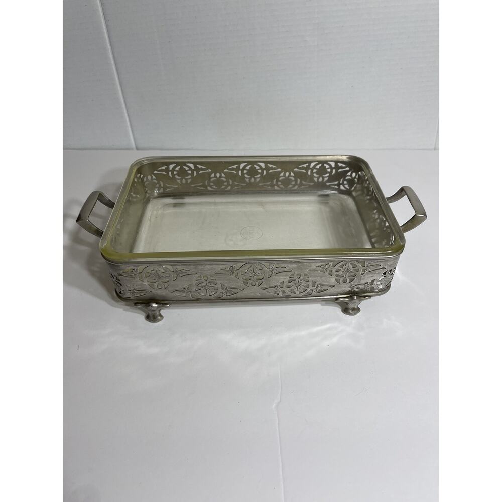 Vtg Footed Rectangular Serving Tray With Pyrex Serving Dish